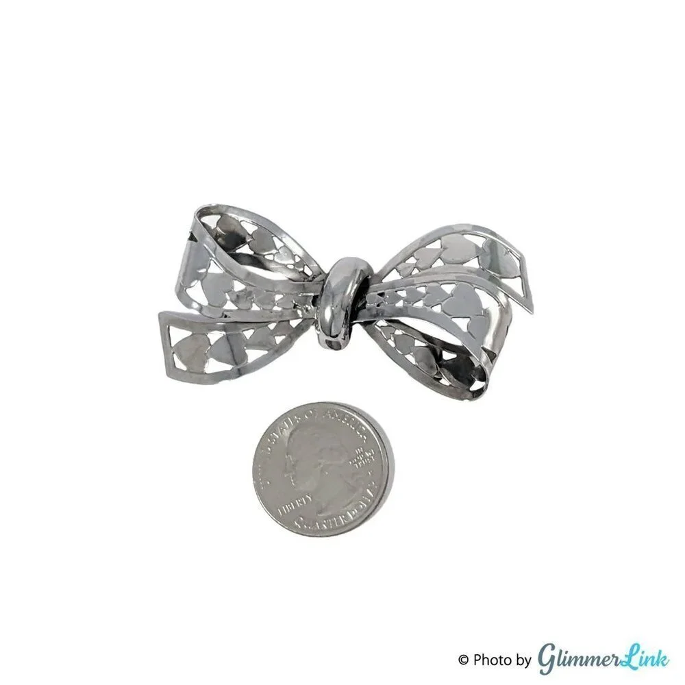 Vintage MARINO Silver Tone Bow Hearts Filigree Brooch